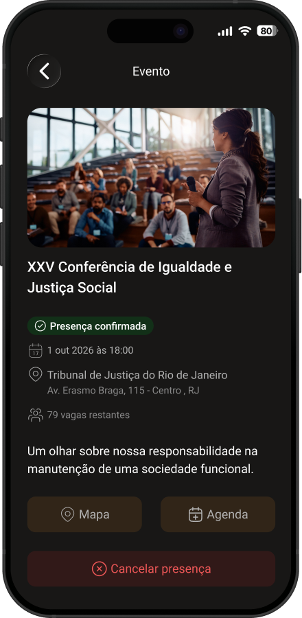 Tela de um evento no Consocia, com presença confirmada, mapa e agenda
